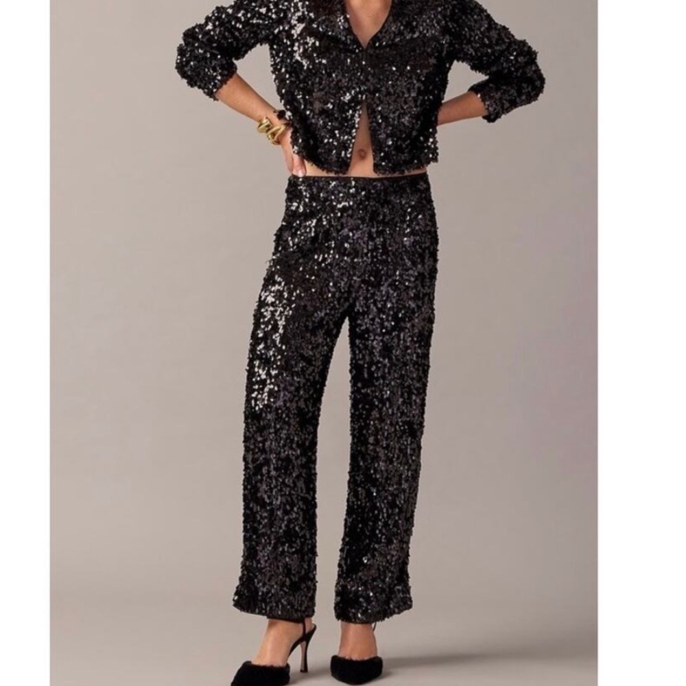 NWT J.Crew Collection Ingrid in Black Sequin High Rise Wide Leg Pants Size 14